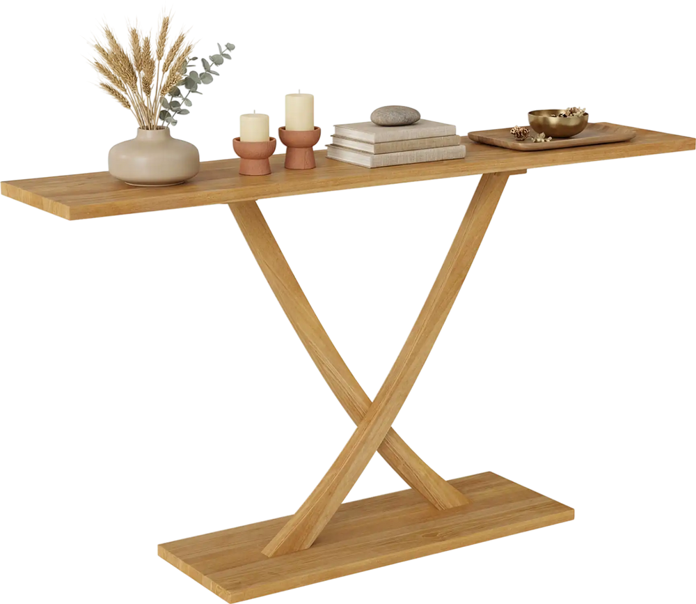 57 Inch Solid Wood Console Table with Teak Wood Frame and Geometric Design