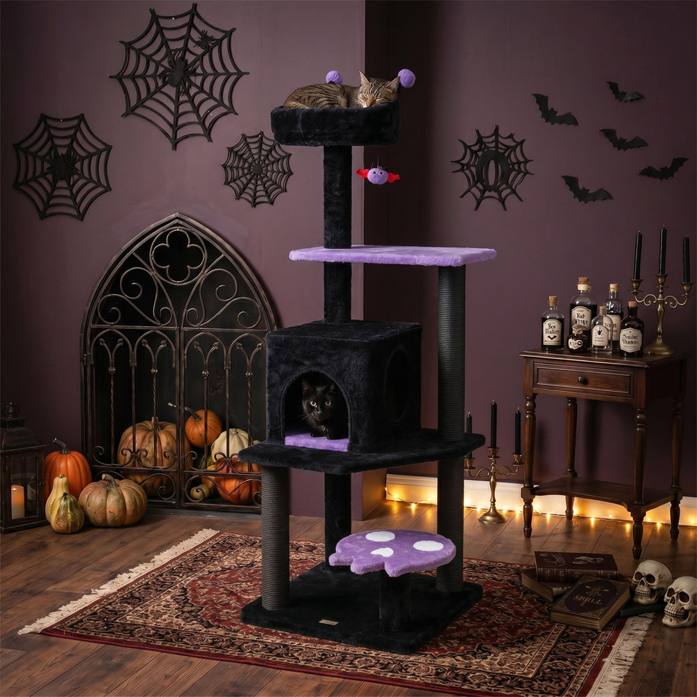 57" Spooky Cat Tower with Padded Perch and Spider-shaped Hanging Toy-Purple - Gallery View 1 of 11