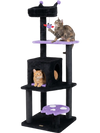Multi-level 57" spooky cat tower in purple with comfy perch, spacious condo, and spider-shaped toy for playful cats.
