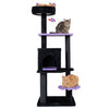 Multi-level 57" spooky cat tower in black and purple with removable perch, scratching posts, and spider toy for playful.