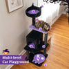 Multi-level spooky cat tower in purple with padded perch, spider toy, and ghost platform for playful feline fun.