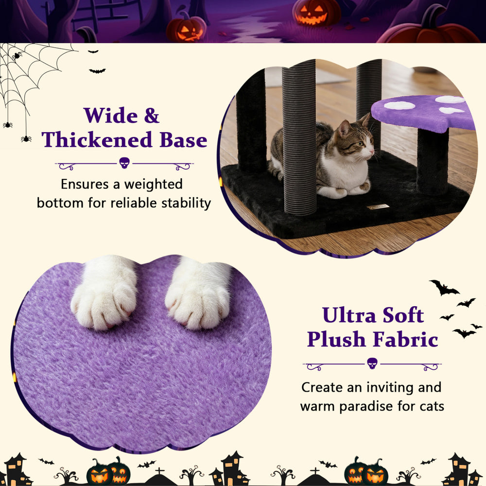 Spooky cat tower featuring a wide base, ultra soft plush fabric, and removable padded perch for cozy cat lounging.
