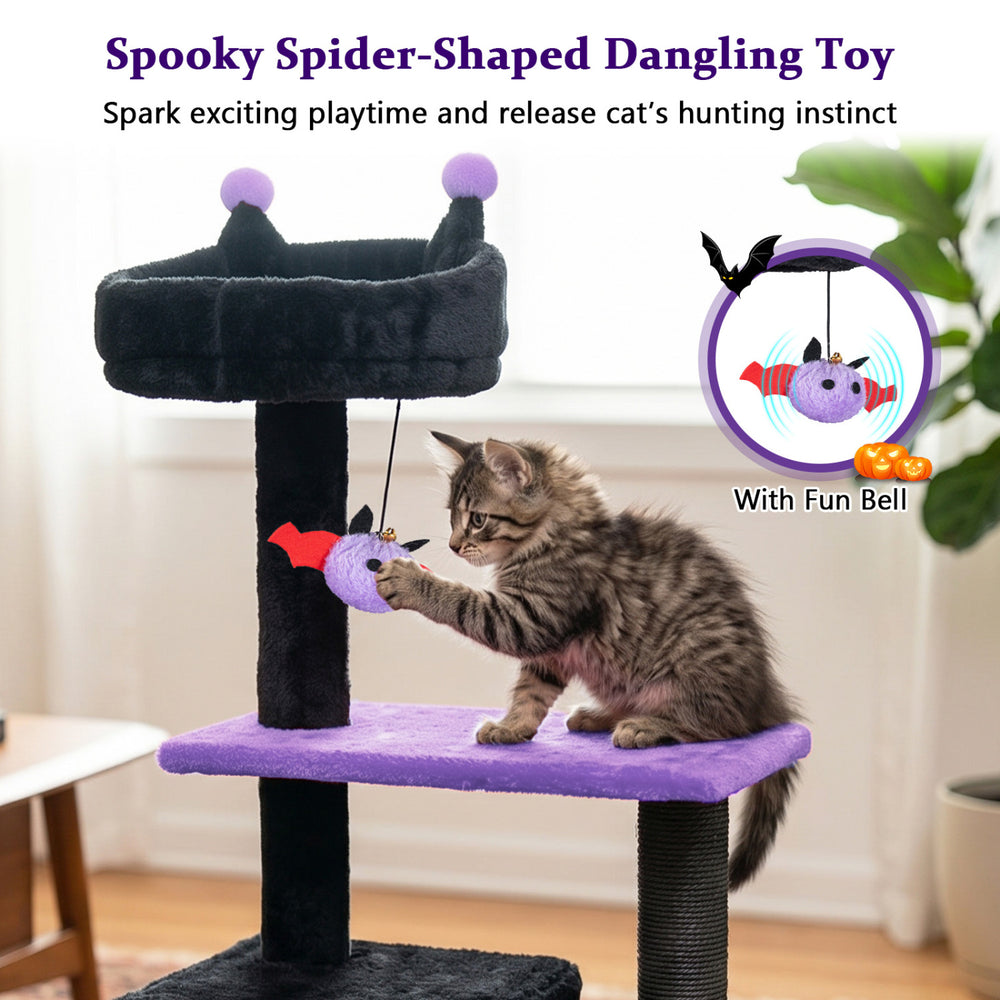 Spooky spider-shaped dangling toy on a 57" cat tower with plush fabric, perfect for playful cats and secure lounging.