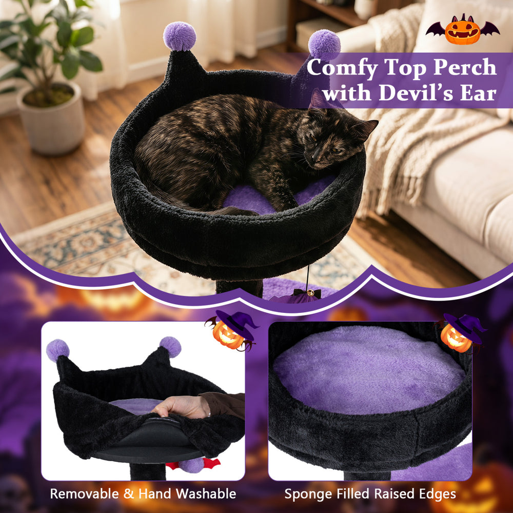 Comfy top perch with devil's ear on a 57" spooky cat tower, featuring removable plush cover and spider-shaped toy.