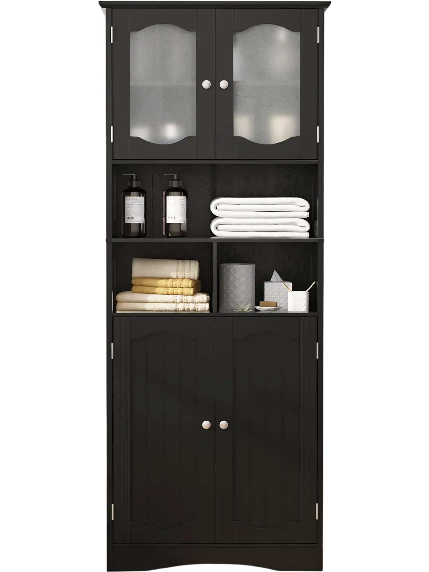 Costway Freestanding Linen Bathroom Storage Cabinet Frost Glass Doors Black 58.5