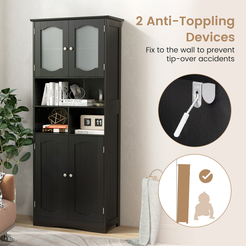Detail shot of the 58.5-inch black linen bathroom storage cabinet showcasing anti-toppling devices for added safety and.