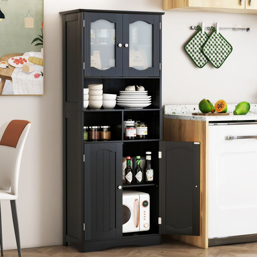 Freestanding black linen storage cabinet with frost glass doors, showcasing 2 lower cabinets for versatile storage.