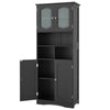 Freestanding black linen storage cabinet with frost glass doors, featuring 2 cabinets and 3 open compartments for.