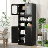 Freestanding black linen storage cabinet with frost glass doors, showcasing open compartments for versatile storage.