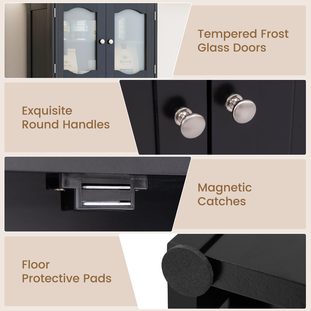 Close-up of the 58.5-inch black linen bathroom storage cabinet featuring tempered frost glass doors and exquisite round.