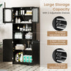 Freestanding black linen bathroom storage cabinet with frost glass doors, featuring adjustable shelves and large.