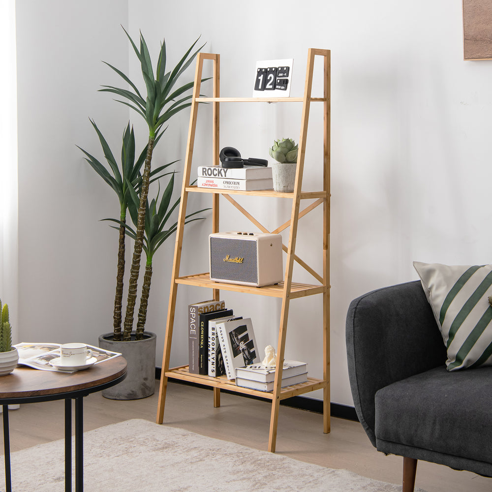58 Inch 4-Tier Bamboo Ladder Bookshelf-Natural - Gallery View 1 of 10