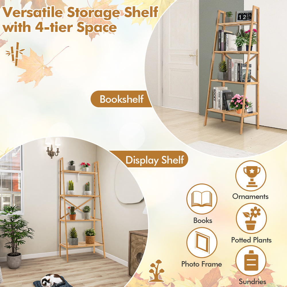 4-tier bamboo ladder bookshelf in natural finish, perfect for displaying books and plants in any room.