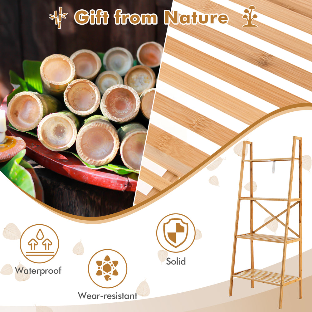 4-tier bamboo ladder bookshelf with natural finish, featuring open shelves for versatile storage and anti-tipping.