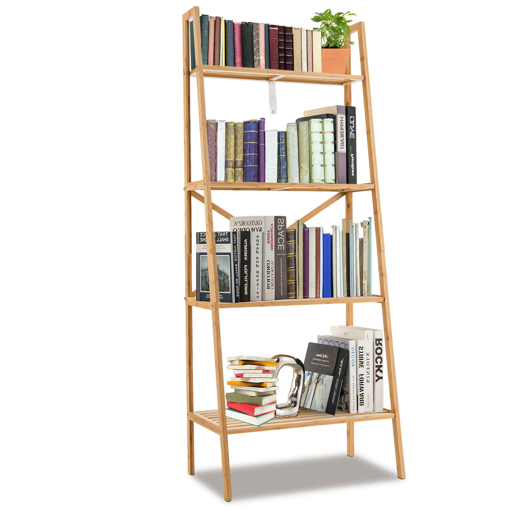 4-tier bamboo ladder bookshelf in natural finish, featuring open shelves for versatile storage and plant display.