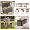 Large black and brown 100-gallon deck box with lockable lid, serving as a bench or side table for outdoor storage.