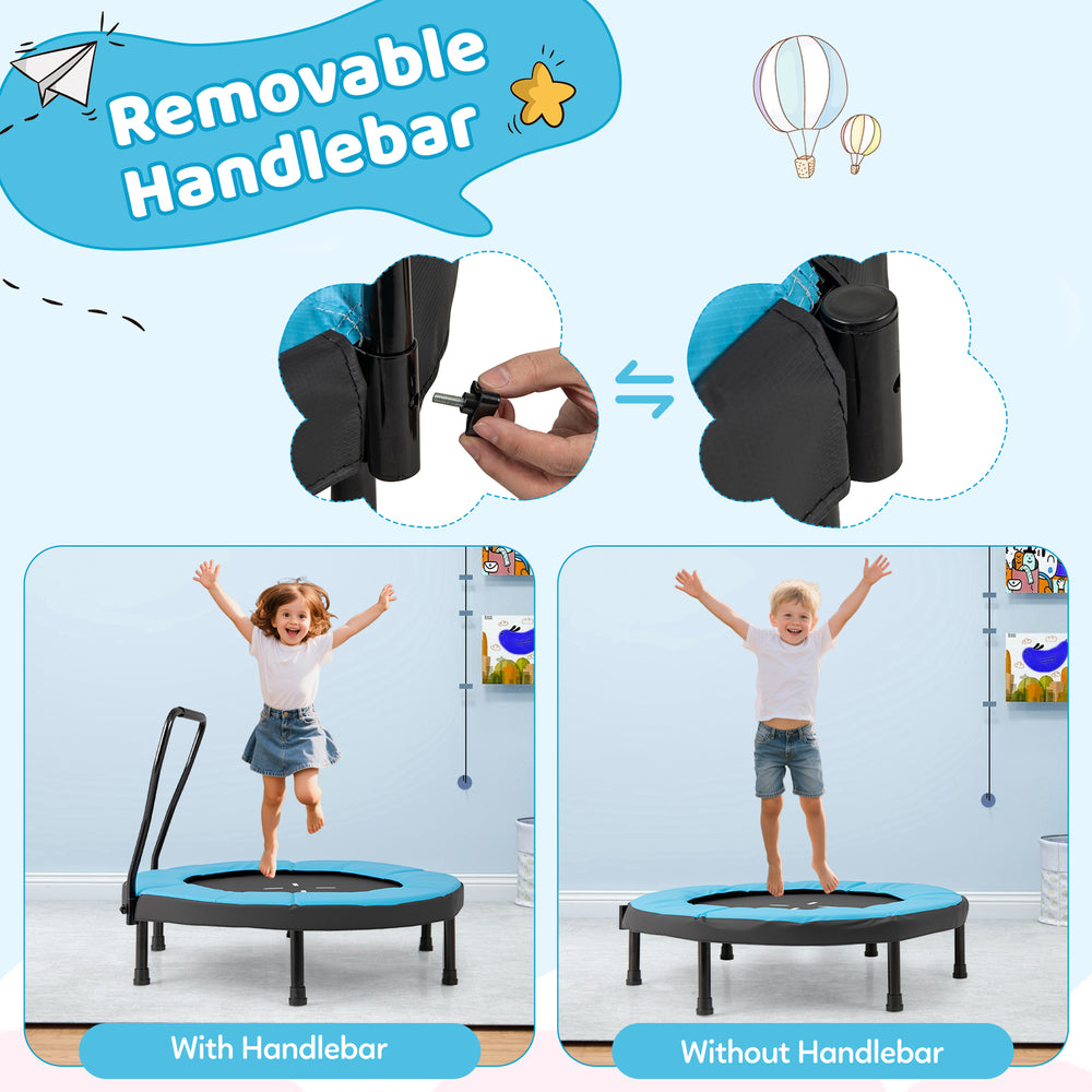 40-inch blue trampoline for kids, featuring removable handlebar, safe no-gap edge design, for indoor and outdoor fun.
