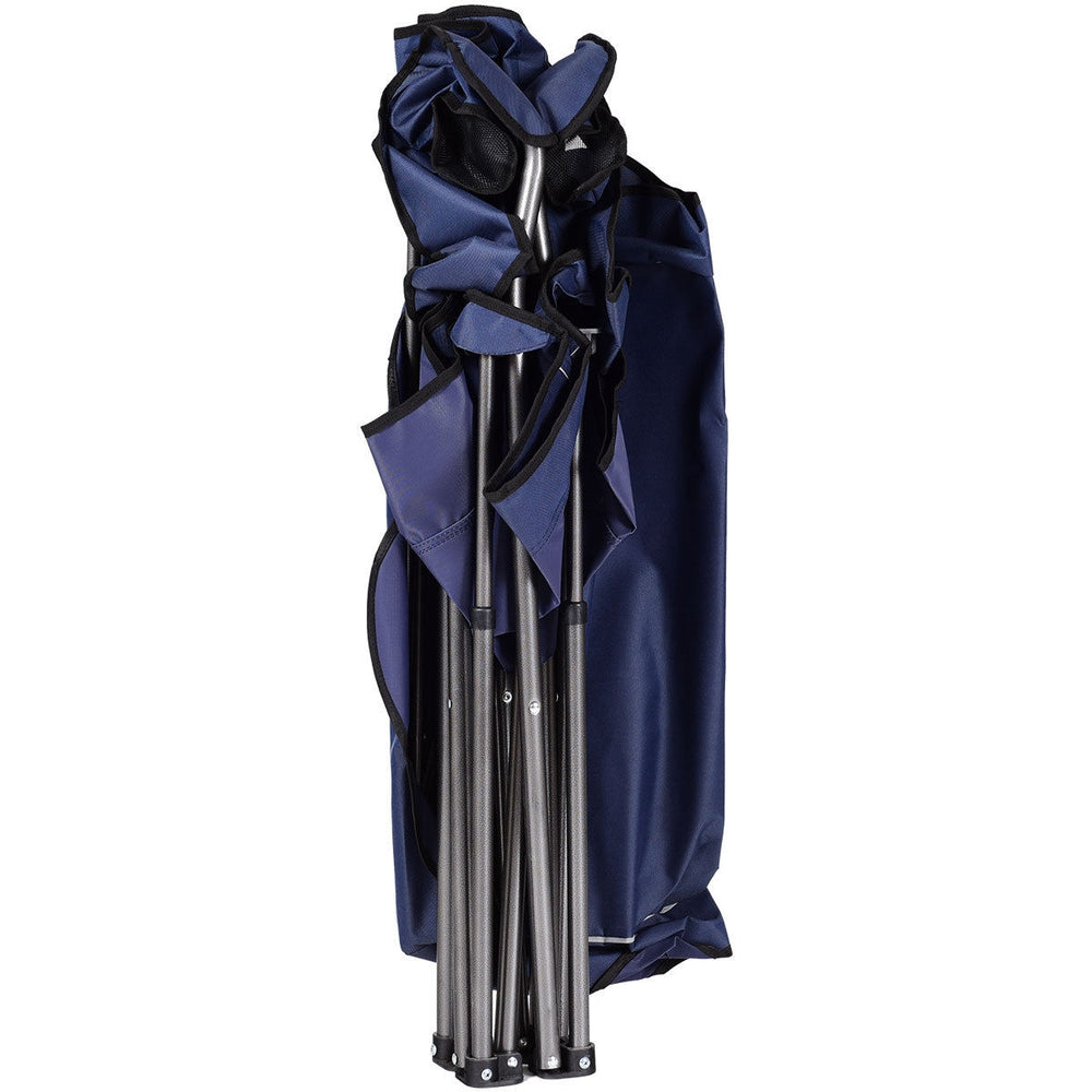 Folded portable beach canopy chair in blue with carry bag, featuring a durable steel frame and convenient cup holders.