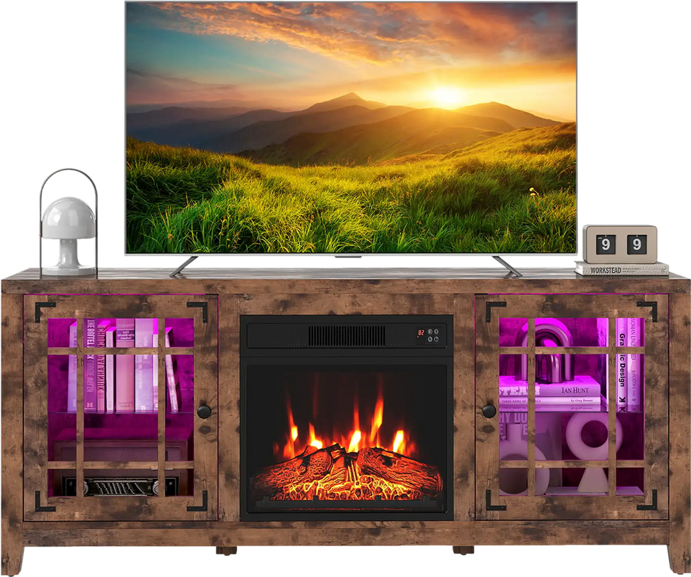 58" rustic brown fireplace TV stand featuring LED lights, adjustable shelves, and an 18" electric fireplace for cozy.
