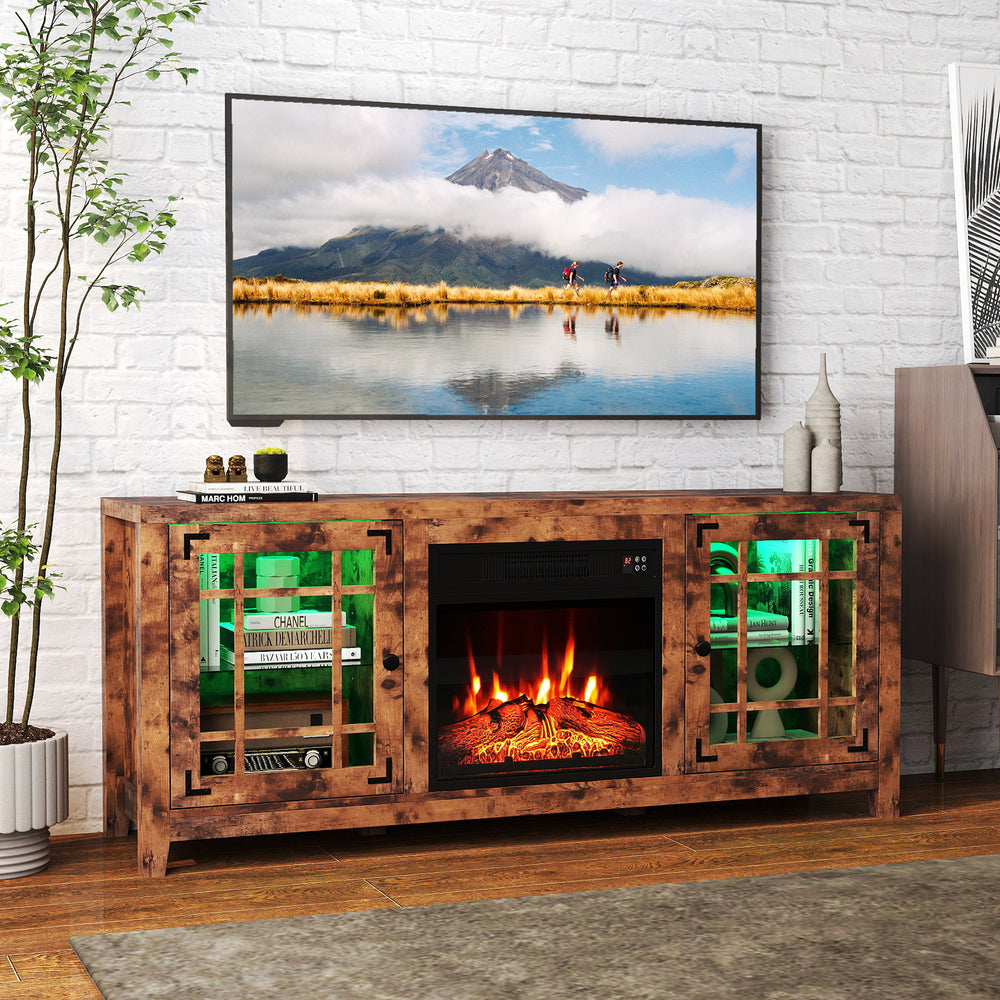 58" Fireplace TV Stand with LED Lights and 18" Electric Fireplace-Rustic Brown - Gallery View 1 of 11