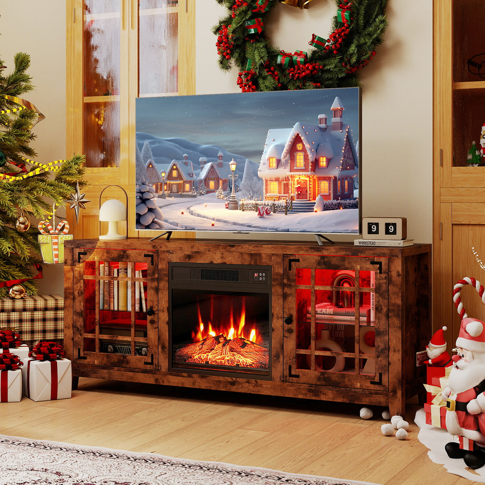 58" rustic brown fireplace TV stand with LED lights and electric fireplace, perfect for cozy living room ambiance.