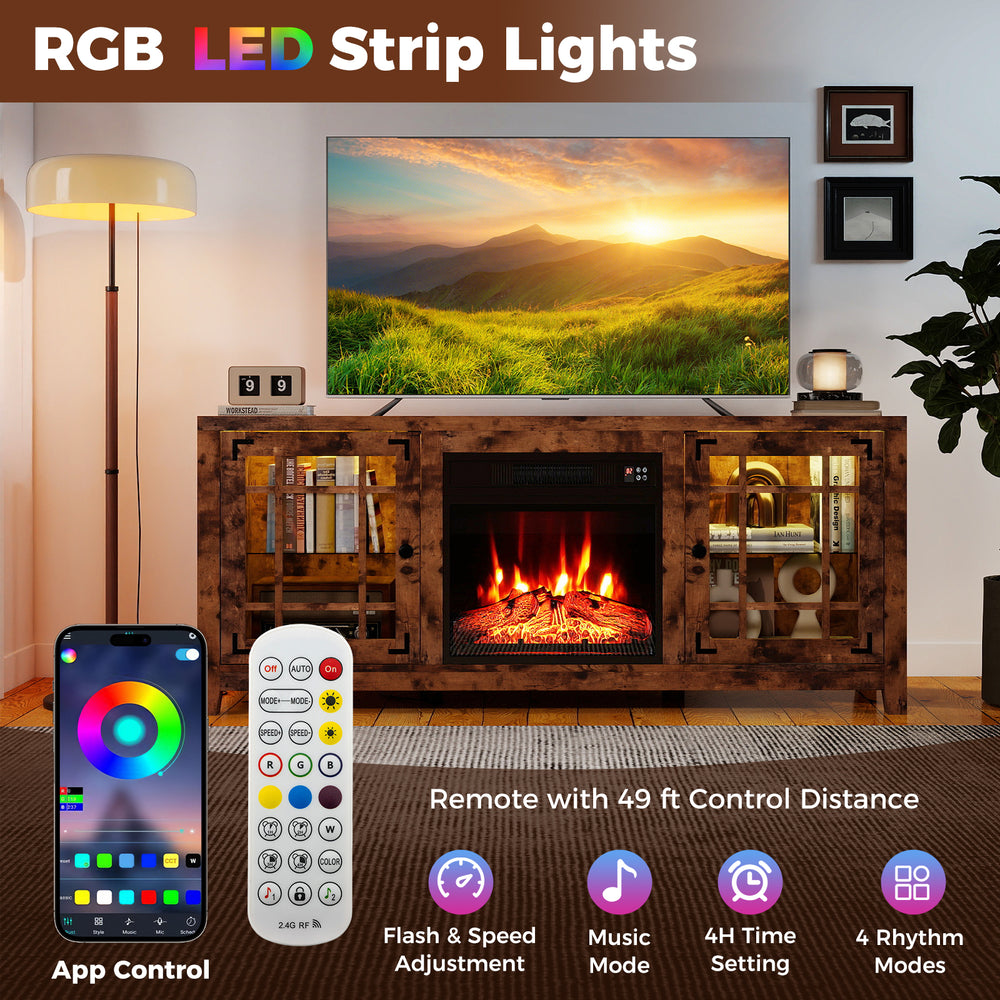 58" rustic brown fireplace TV stand with RGB LED strip lights, remote control, and 18" electric fireplace for cozy.