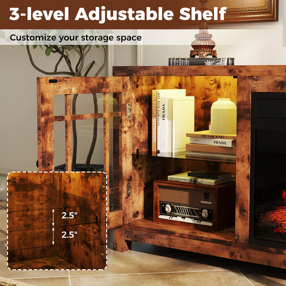 Three-level adjustable shelf in rustic brown TV stand, perfect for customizing storage space in your living room.