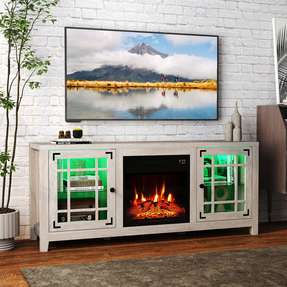 58" Fireplace TV Stand with LED Lights and 18" Electric Fireplace-Natural - Gallery View 1 of 11