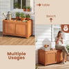 52-gallon patio wood deck box with flip top, serving as a storage solution, bench, or coffee table for outdoor spaces.