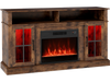 Close-up view of the 58-inch rustic brown fireplace TV stand highlighting the RGB LED strip lights and soft close.