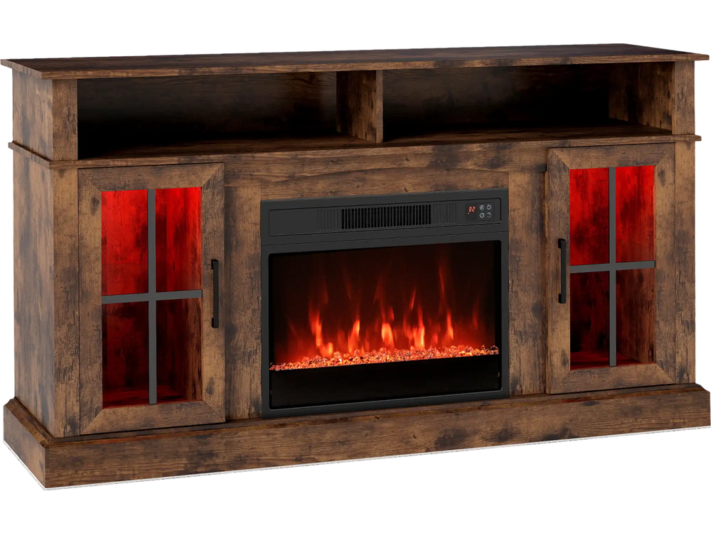 Close-up view of the 58-inch rustic brown fireplace TV stand highlighting the RGB LED strip lights and soft close.