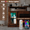 58-inch rustic brown fireplace TV stand with RGB LED strip lights, storage cabinets, and glass doors for modern.