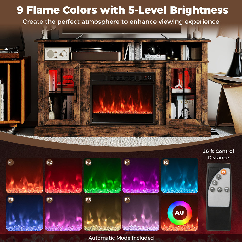 58-inch rustic brown fireplace TV stand with LED lights, featuring 9 flame colors and storage cabinets for stylish.