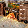 58-inch rustic brown fireplace TV stand with LED lights, storage cabinets, and 4777 BTU heating for cozy ambiance.