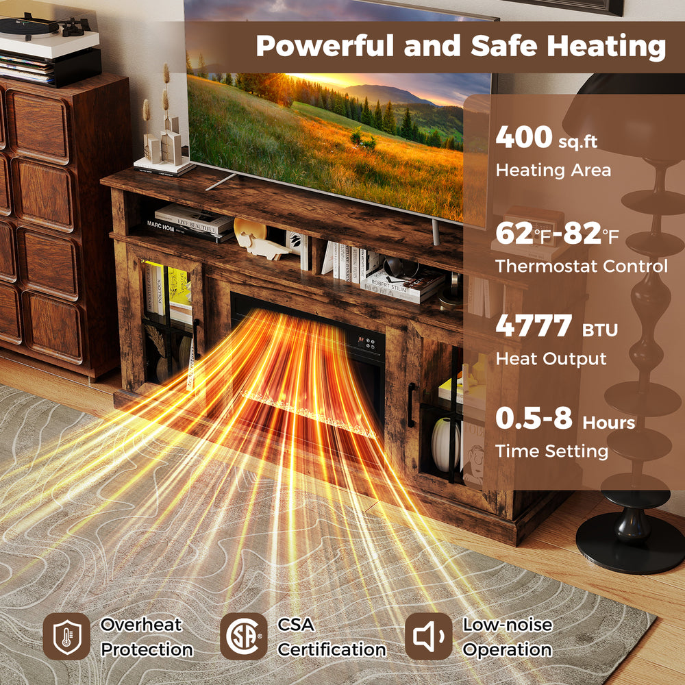 58-inch rustic brown fireplace TV stand with LED lights, storage cabinets, and 4777 BTU heating for cozy ambiance.
