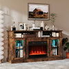 58-inch rustic brown fireplace TV stand with LED lights, storage cabinets, and glass doors for stylish living room.