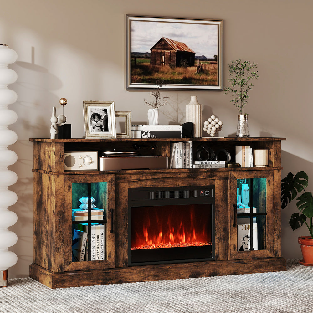 58-inch rustic brown fireplace TV stand with LED lights, storage cabinets, and glass doors for stylish living room.