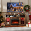 58-inch rustic brown fireplace TV stand with LED lights, storage cabinets, and adjustable shelves for cozy ambiance.