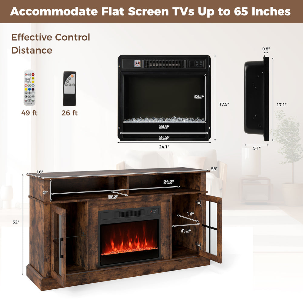 58-inch rustic brown fireplace TV stand with LED lights, storage cabinets, and glass doors, accommodating TVs up to 65.