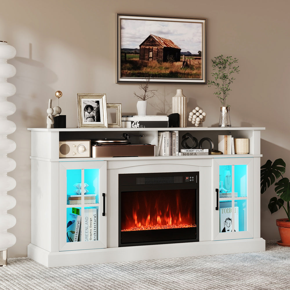 58 Inch Fireplace TV Stand with LED Lights with Storage Cabinets and Glass Doors-White - Gallery View 1 of 10