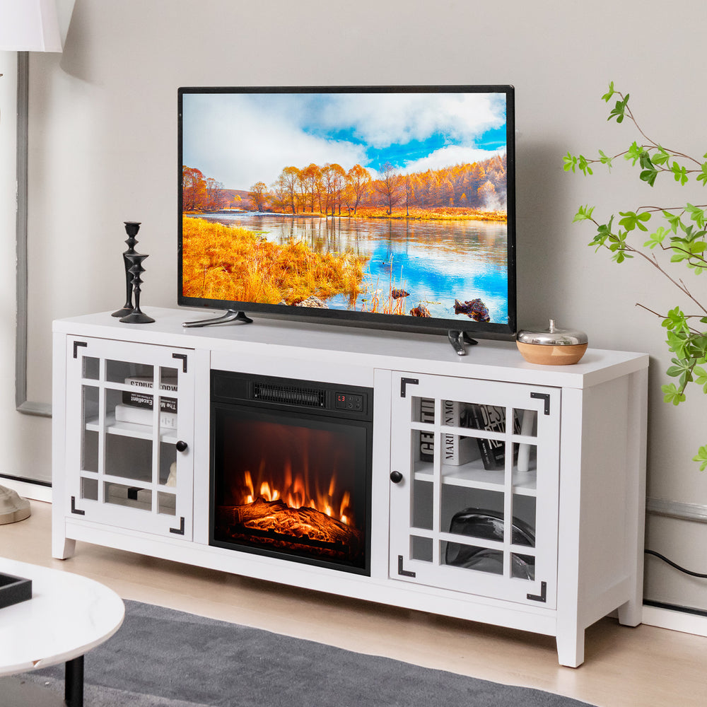 58-inch white fireplace TV stand with adjustable shelves, remote control, and realistic flame for TVs up to 65 inches.
