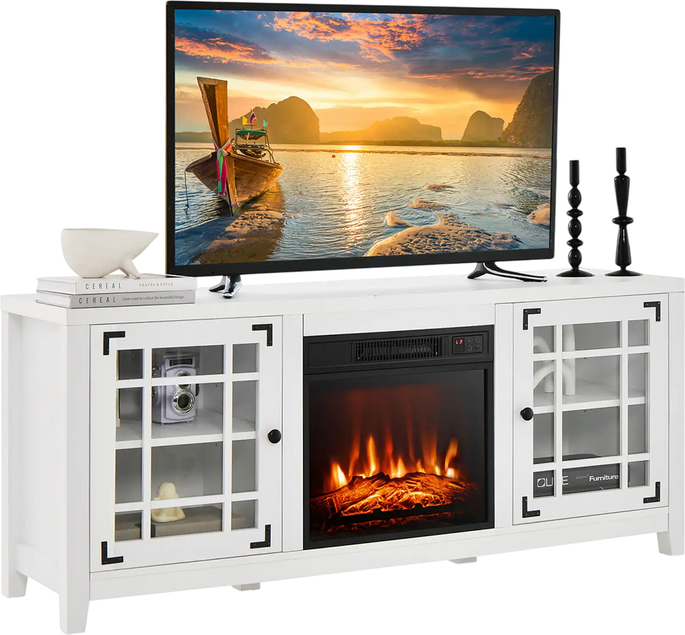 White 58-inch fireplace TV stand with adjustable shelves, remote control, and a stylish dancing flame for TVs up to 65.
