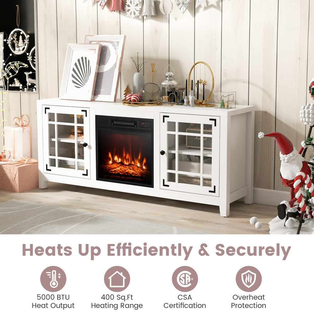 58-inch white fireplace TV stand with adjustable shelves, 5000 BTU heat output, and CSA certification for safe heating.