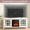 58-inch white fireplace TV stand accommodating TVs up to 65 inches, featuring adjustable shelves and a cozy flame.