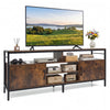 Industrial 58-inch TV stand in rustic brown with cabinets, adjustable shelf, and open storage for versatile use.