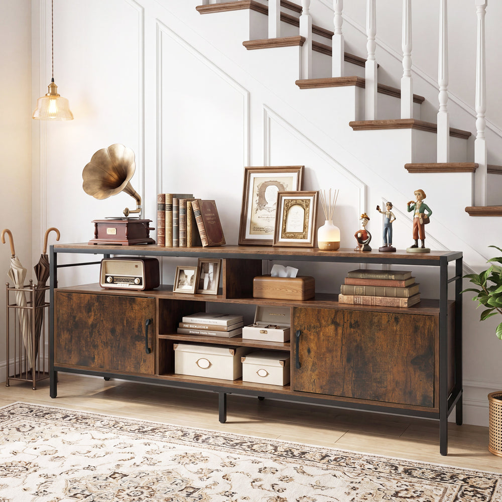 Industrial 58-inch TV stand in rustic brown with cabinets, adjustable shelf, and open storage for versatile home use.