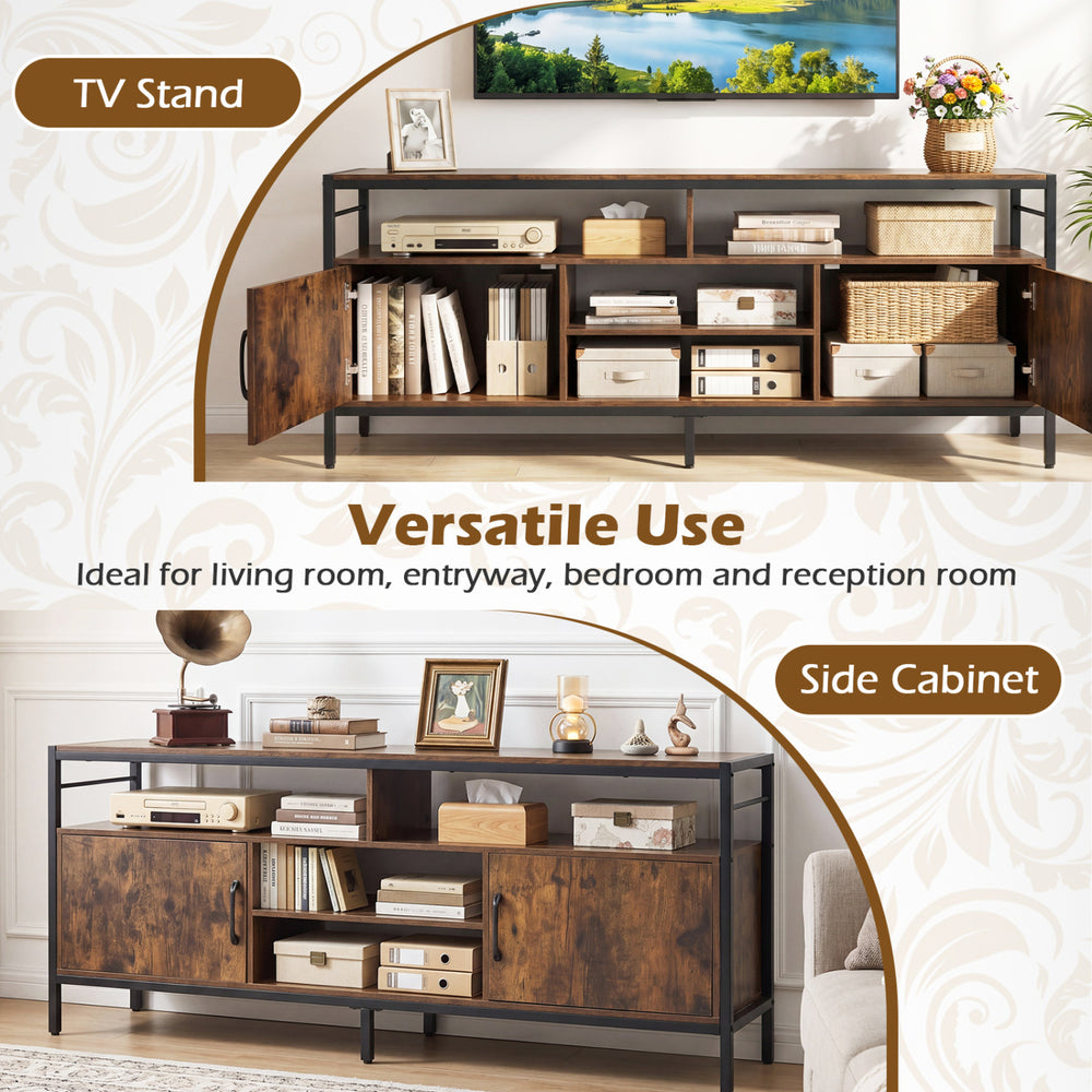 58-inch industrial TV stand in rustic brown with cabinets and adjustable shelves, perfect for living room or entryway.