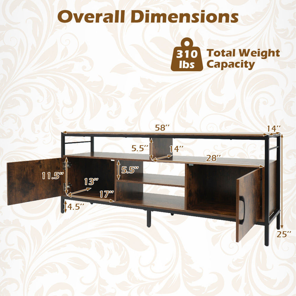 Dimensions of the 58-inch industrial TV stand in rustic brown, featuring cabinets and adjustable shelves for versatile.