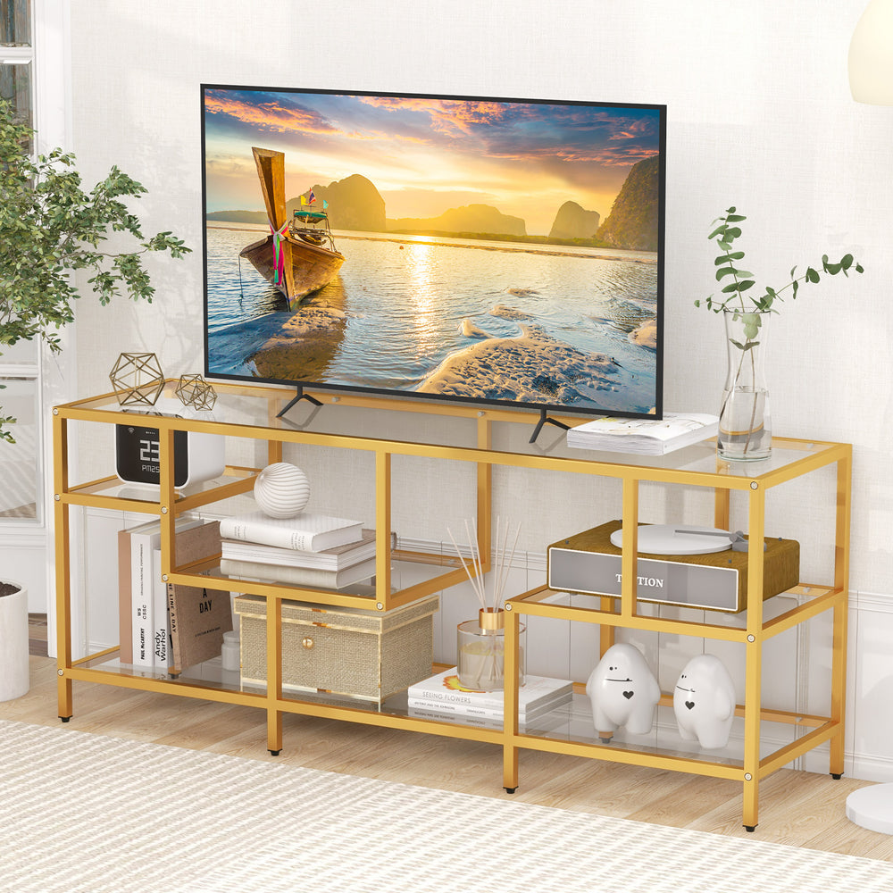 58-inch gold TV console table with tempered glass shelves, perfect for living room media storage and display.