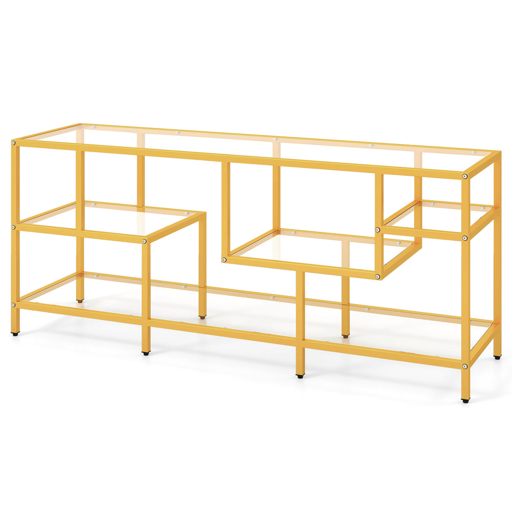 58-inch TV console table in gold with tempered glass shelves, perfect for living room media storage and display.